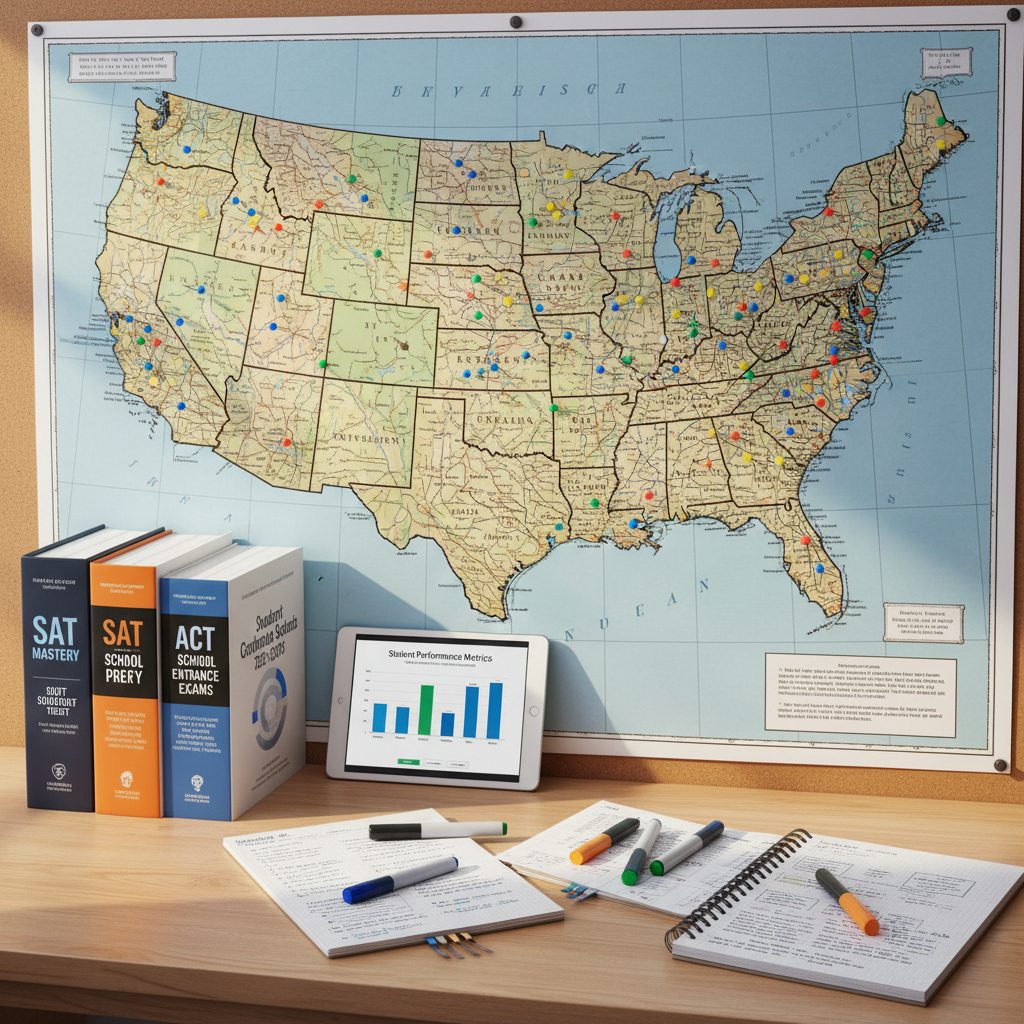 A large, detailed map of the United States pinned to a corkboard wall, with colorful pushpins marking major university towns and school districts. Around the map lie neatly arranged educational items: standardized test prep books with crisp covers, lined notebooks with careful handwritten notes, highlighters in coordinated colors, and a slim tablet displaying a simple bar chart about student performance. Soft, diffused daylight from the side creates gentle highlights on the glossy book covers and subtle shadows beneath the stationery. Photographed from a slightly elevated angle with sharp focus throughout, the composition feels analytical yet approachable. The atmosphere is professional, organized, and data-driven, representing thoughtful navigation of the American education landscape in a photographic realism style.