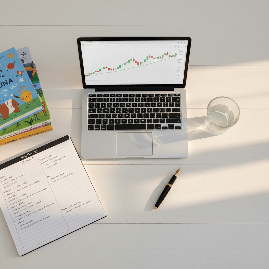 A tidy white kitchen table transformed into a learning station, featuring a slim silver laptop open to a simple stock chart, a spiral notebook filled with neatly written study plans, and a small stack of children’s picture books with vivid covers. Beside them sits a clear glass of water with condensation and a modest, well-used fountain pen. Late afternoon natural light streams in from the right, creating a warm, inviting glow and soft reflections on the laptop and glass. Shot from an overhead, bird’s-eye perspective with clean negative space around the objects, the composition balances education, investing, and daily life. The mood is quietly ambitious and disciplined, captured in photographic realism with a modern, uncluttered aesthetic suited to a professional mom’s blog.